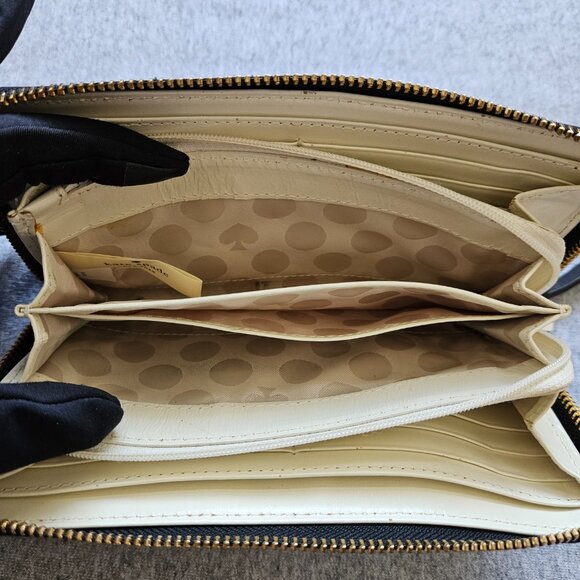 Kate Spade Zip Around Leather Wallet Organize Black White Bow Gold Accents - Picture 14 of 16